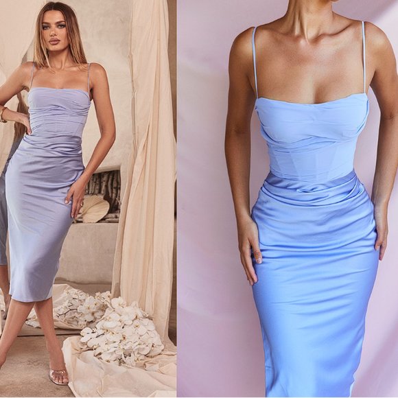 HOUSE OF CB 'Teia' Sky Draped Corset Midi Dress NWOT